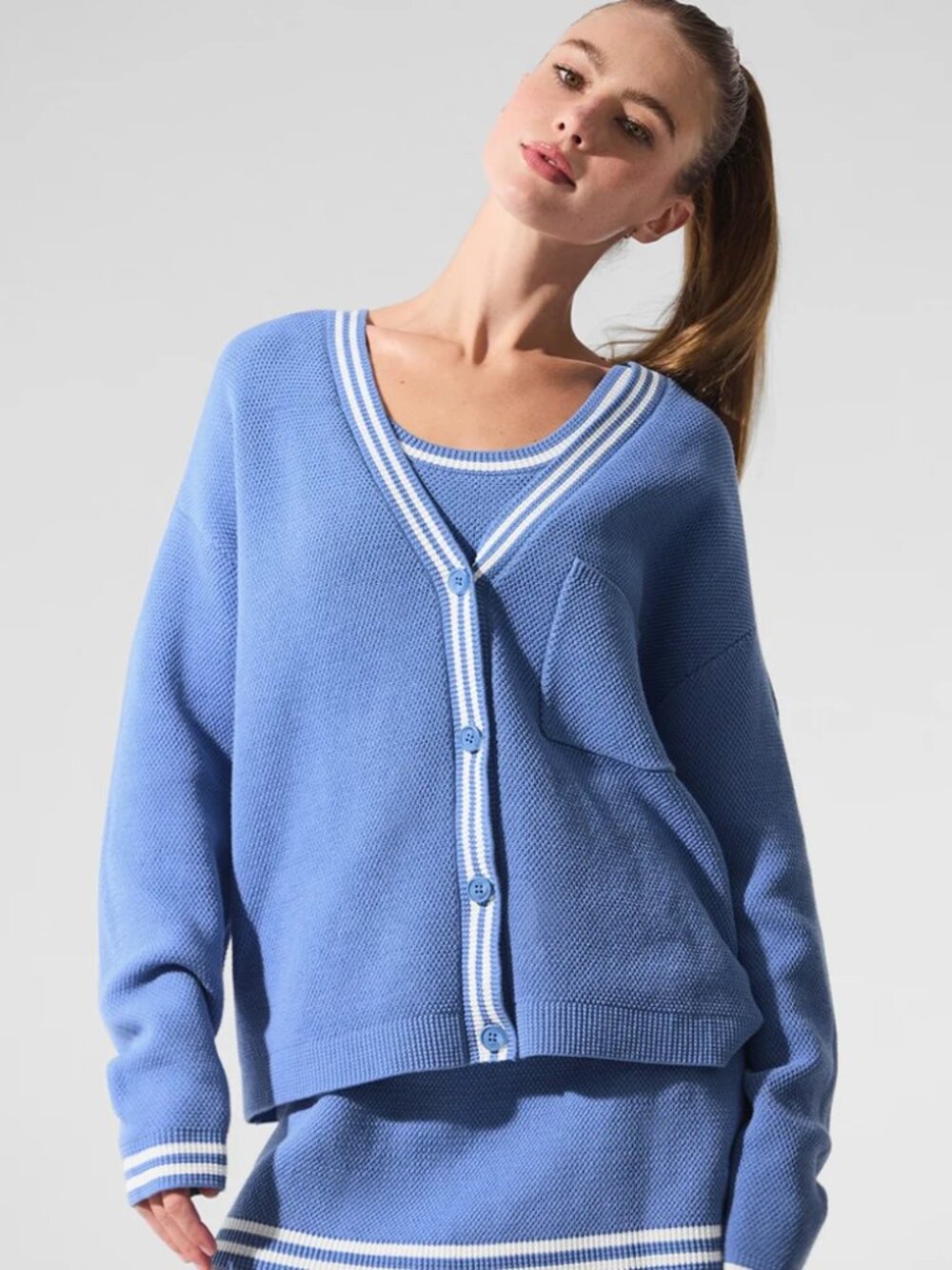 ALO Yoga Tennis Club Sweater Knit Cardigan - Crystal Clear Blue - Size Medium